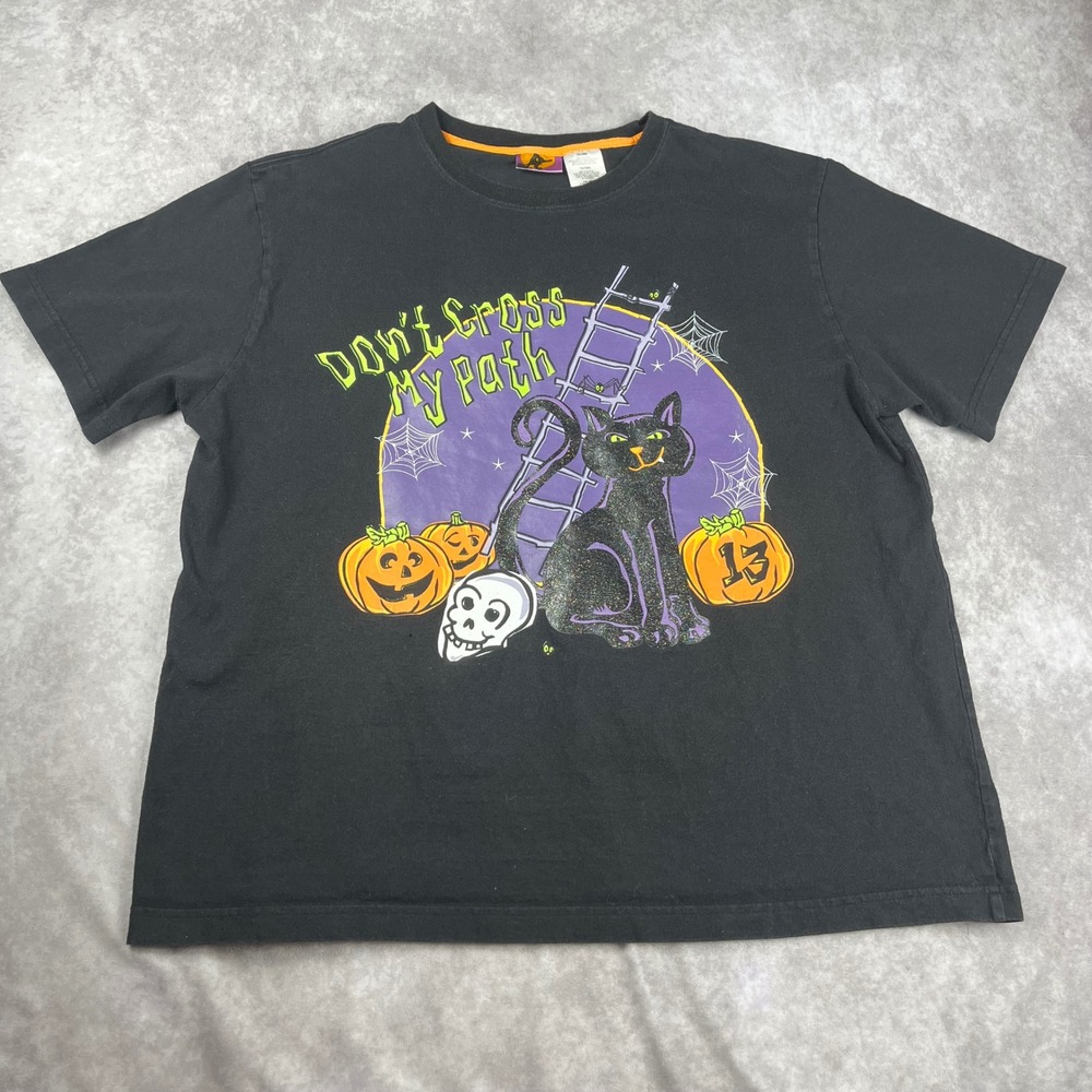 Vtg 90s Y2K Halloween Graphic T Shirt L/XL Glitter Black Cat Pumpkins Spooky Tee